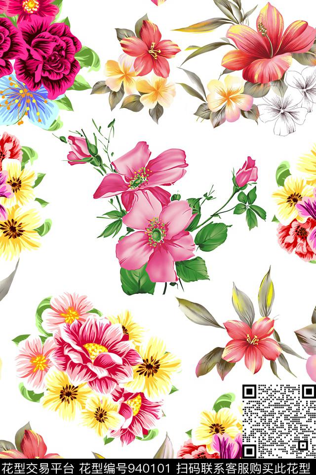 菊花玫瑰花绿植树叶数码印花华亿平台下载（图片编号: 940101） - 瓦栏（Walan）