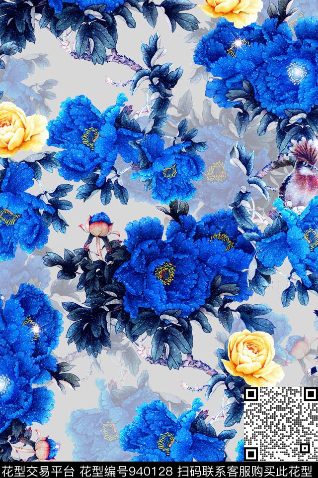 大花牡丹花鸟数码印花华亿平台下载（图片编号: 940128） - 瓦栏（Walan）