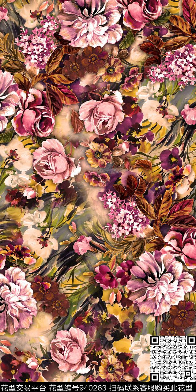 手绘花卉水彩花卉数码华亿平台数码印花华亿平台下载（图片编号: 940263） - 瓦栏（Walan）