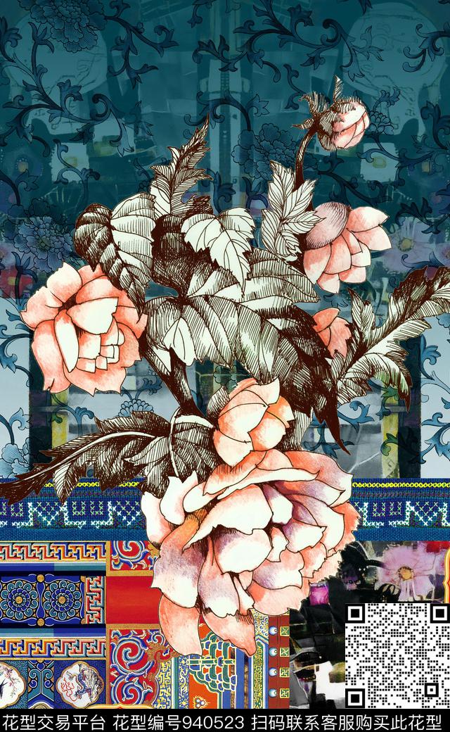 数码华亿平台线条花卉民族风数码印花华亿平台下载（图片编号: 940523） - 瓦栏（Walan）