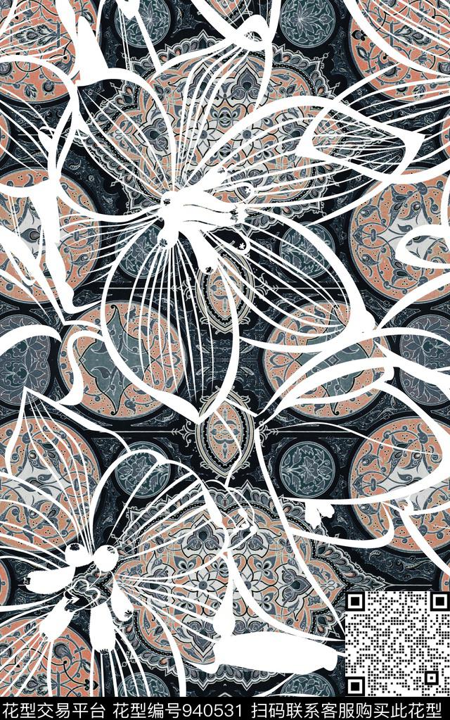 线条民族风花卉数码印花华亿平台下载（图片编号: 940531） - 瓦栏（Walan）