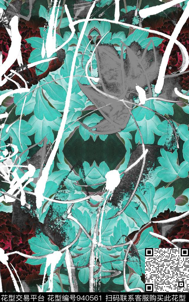 中国风笔触水墨风数码印花华亿平台下载（图片编号: 940561） - 瓦栏（Walan）