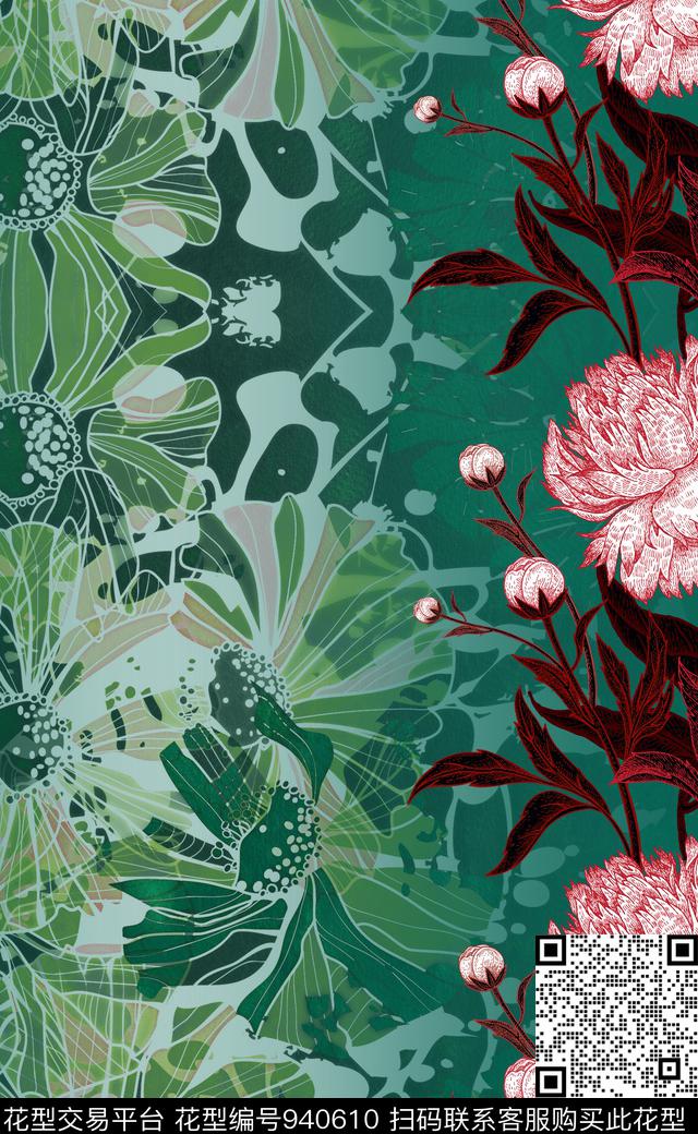 数码华亿平台线条花卉定位花数码印花华亿平台下载（图片编号: 940610） - 瓦栏（Walan）