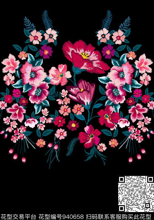 胸前独幅大花大牌风数码印花华亿平台下载（图片编号: 940658） - 瓦栏（Walan）