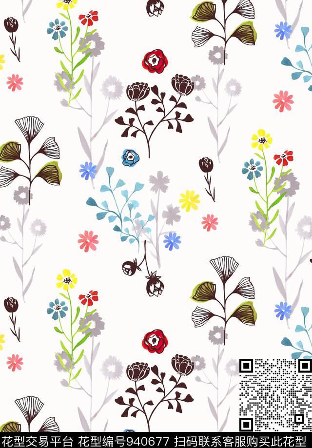 手绘花卉线条线条花卉数码印花华亿平台下载（图片编号: 940677） - 瓦栏（Walan）