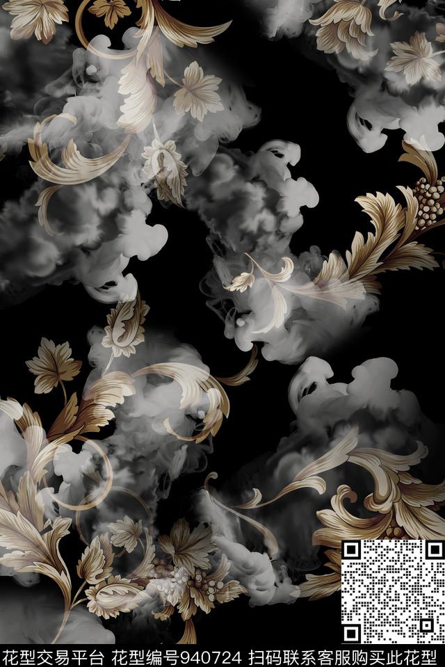 烟雾复古欧式卷草纹数码印花华亿平台下载（图片编号: 940724） - 瓦栏（Walan）