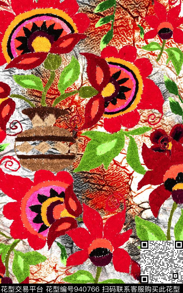 民族风肌理花卉数码印花华亿平台下载（图片编号: 940766） - 瓦栏（Walan）