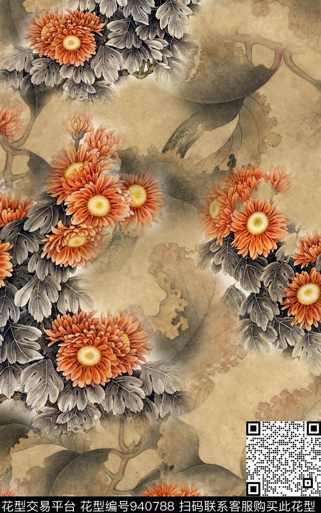 花卉花鸟中国风数码印花华亿平台下载（图片编号: 940788） - 瓦栏（Walan）
