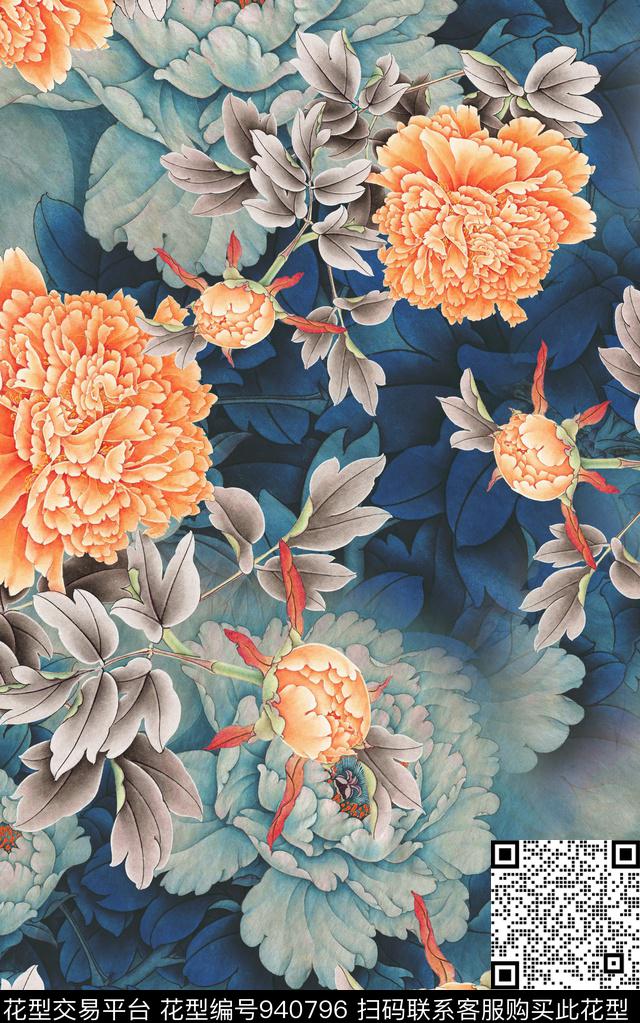花卉花鸟中国风数码印花华亿平台下载（图片编号: 940796） - 瓦栏（Walan）