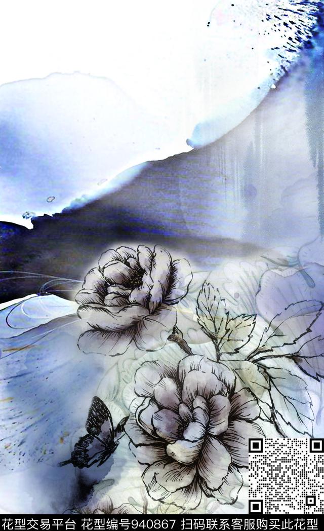 抽象水墨风定位花数码印花华亿平台下载（图片编号: 940867） - 瓦栏（Walan）