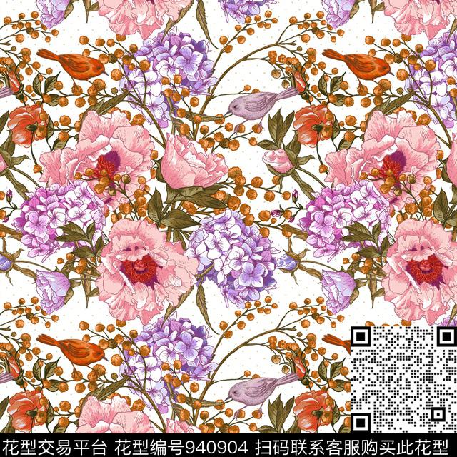 鸟/昆虫花卉绿植树叶传统印花华亿平台下载（图片编号: 940904） - 瓦栏（Walan）