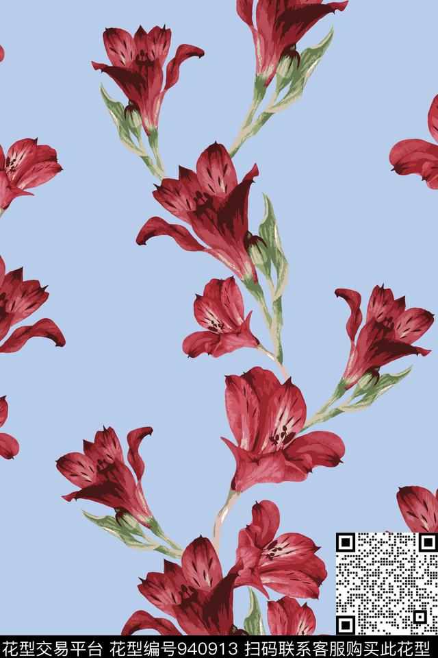 手绘花卉花卉红花数码印花华亿平台下载（图片编号: 940913） - 瓦栏（Walan）