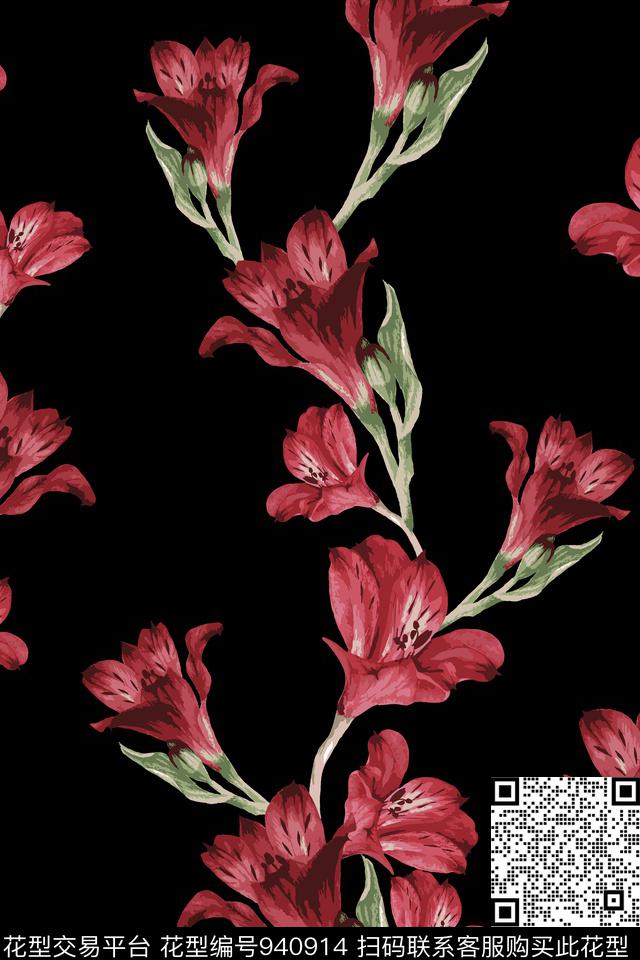 手绘花卉花卉红花数码印花华亿平台下载（图片编号: 940914） - 瓦栏（Walan）