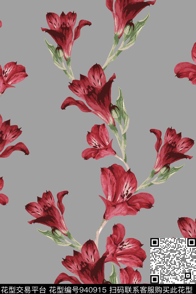 手绘花卉花卉红花数码印花华亿平台下载（图片编号: 940915） - 瓦栏（Walan）