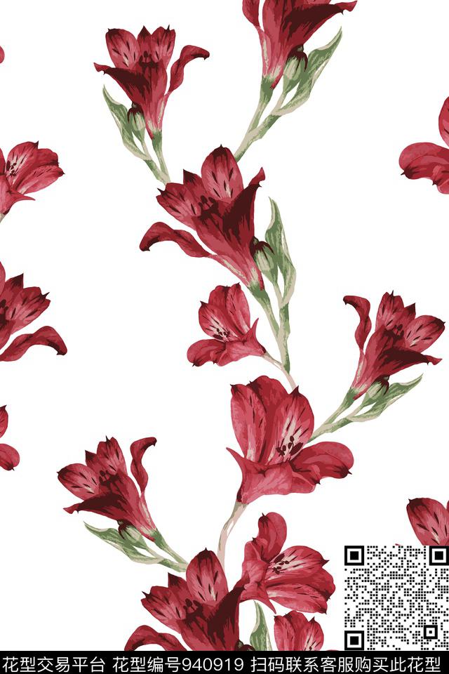 手绘花卉花卉红花数码印花华亿平台下载（图片编号: 940919） - 瓦栏（Walan）
