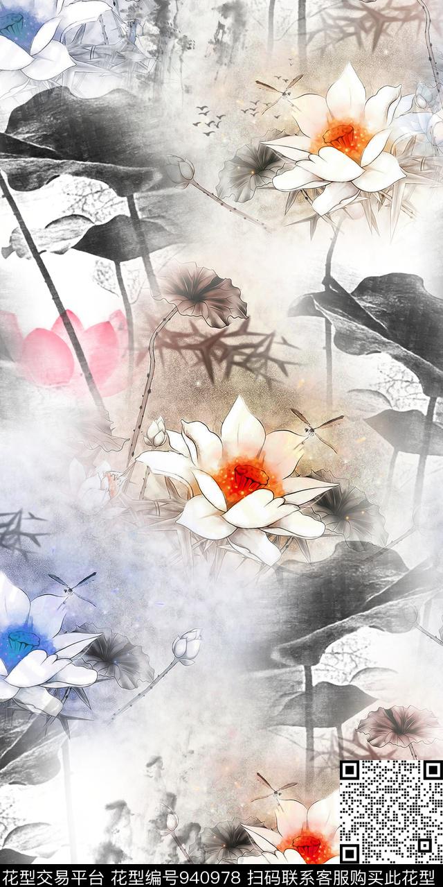 花卉中国风、水墨风数码印花华亿平台下载（图片编号: 940978） - 瓦栏（Walan）