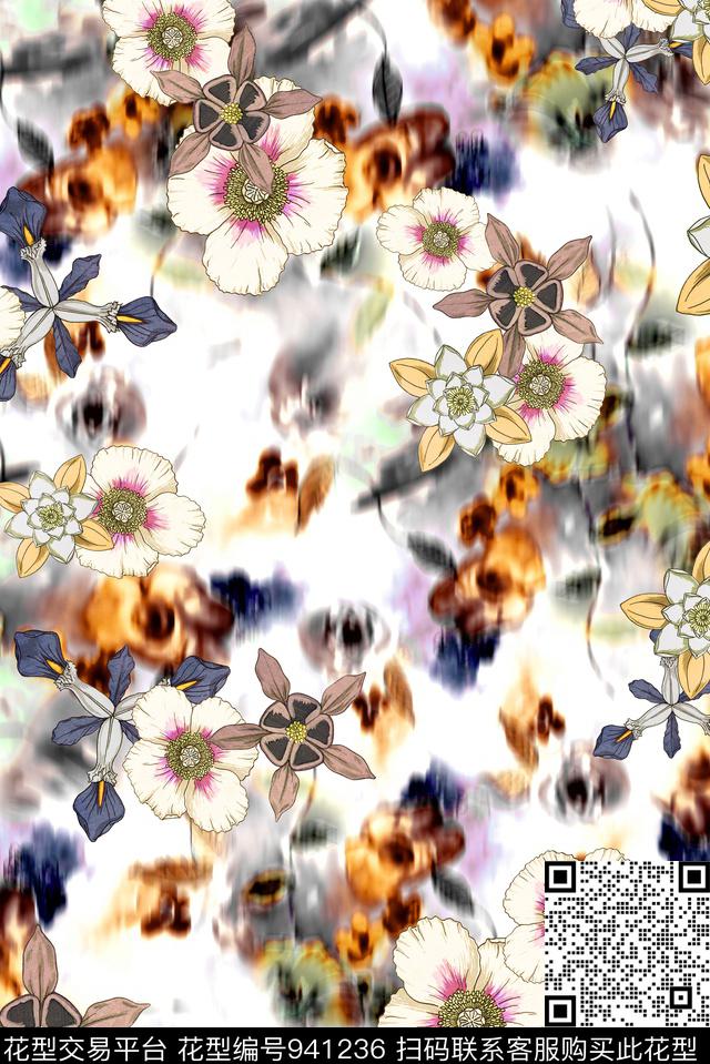 手绘花卉朦胧花卉抽象数码印花华亿平台下载（图片编号: 941236） - 瓦栏（Walan）