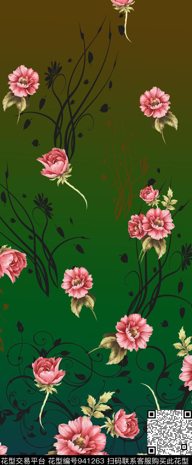 花卉定位花手绘花卉数码印花华亿平台下载（图片编号: 941263） - 瓦栏（Walan）
