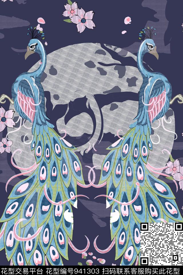 梅花孔雀大牌风数码印花华亿平台下载（图片编号: 941303） - 瓦栏（Walan）