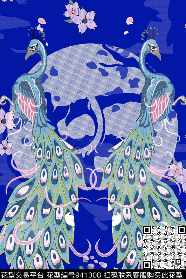 梅花孔雀大牌风数码印花华亿平台下载（图片编号: 941308） - 瓦栏（Walan）