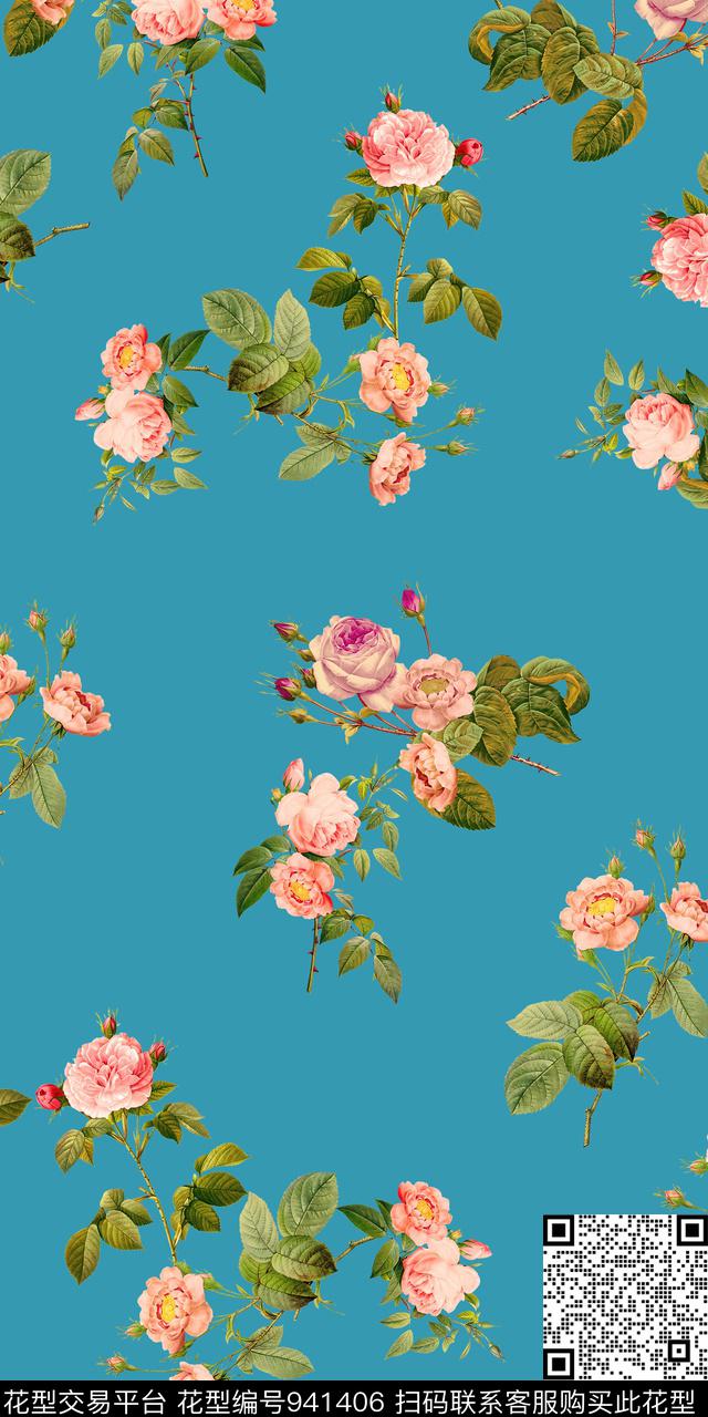 数码华亿平台手绘花卉素雅数码印花华亿平台下载（图片编号: 941406） - 瓦栏（Walan）