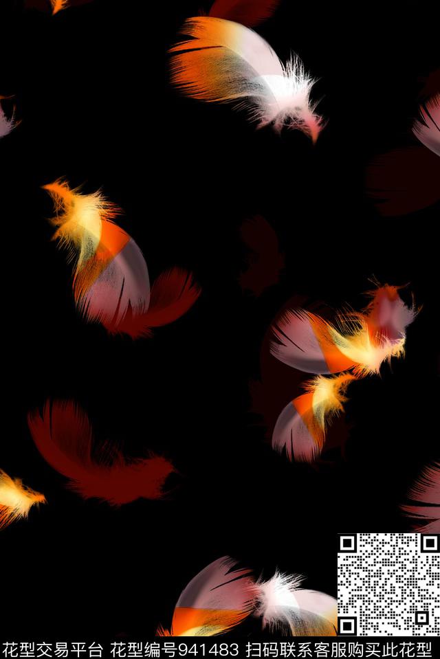 黑底花卉衬衫羽毛数码印花华亿平台下载（图片编号: 941483） - 瓦栏（Walan）