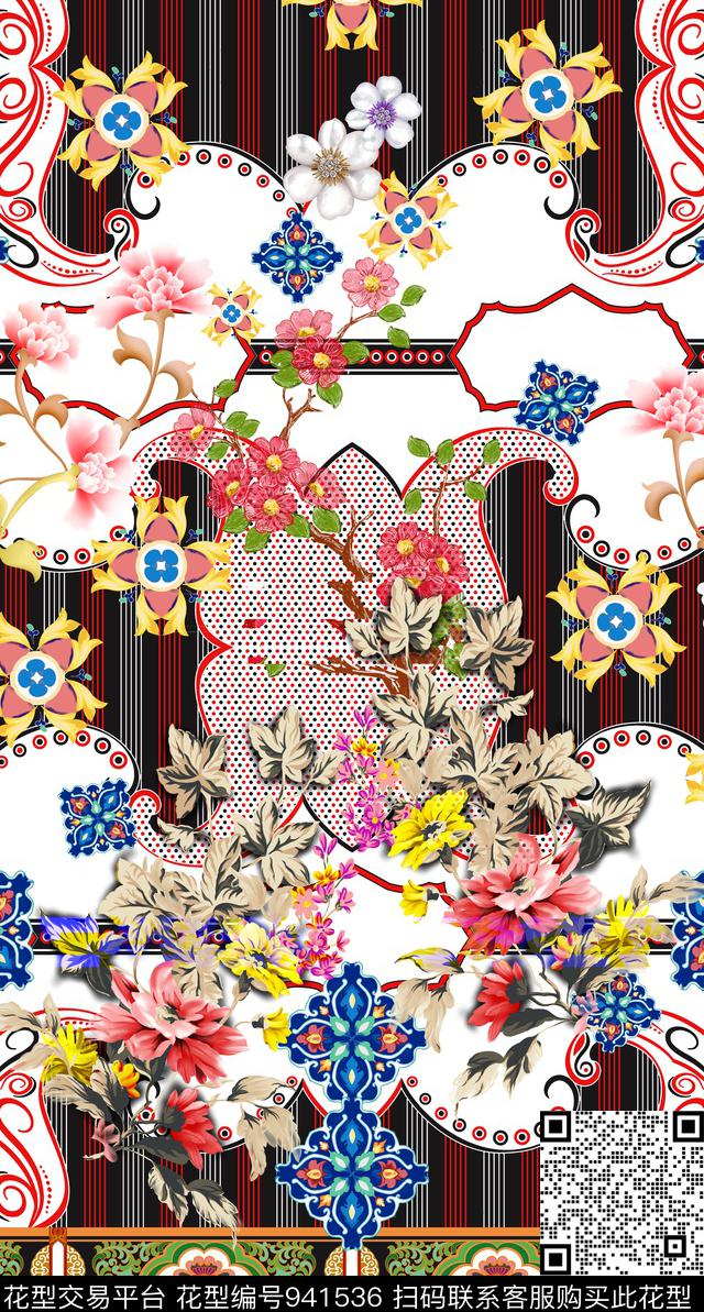 线条民族风几何数码印花华亿平台下载（图片编号: 941536） - 瓦栏（Walan）