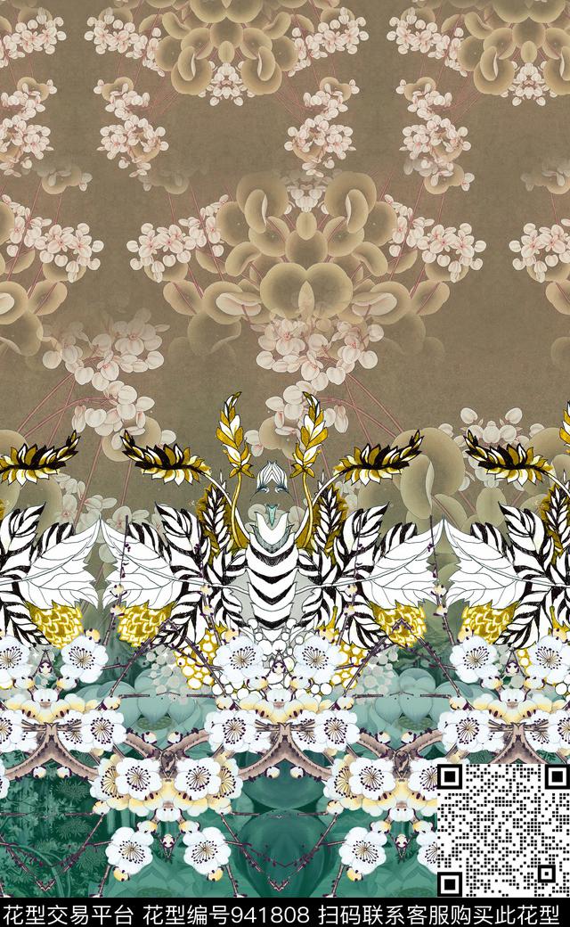 中国风水墨风定位花数码印花华亿平台下载（图片编号: 941808） - 瓦栏（Walan）