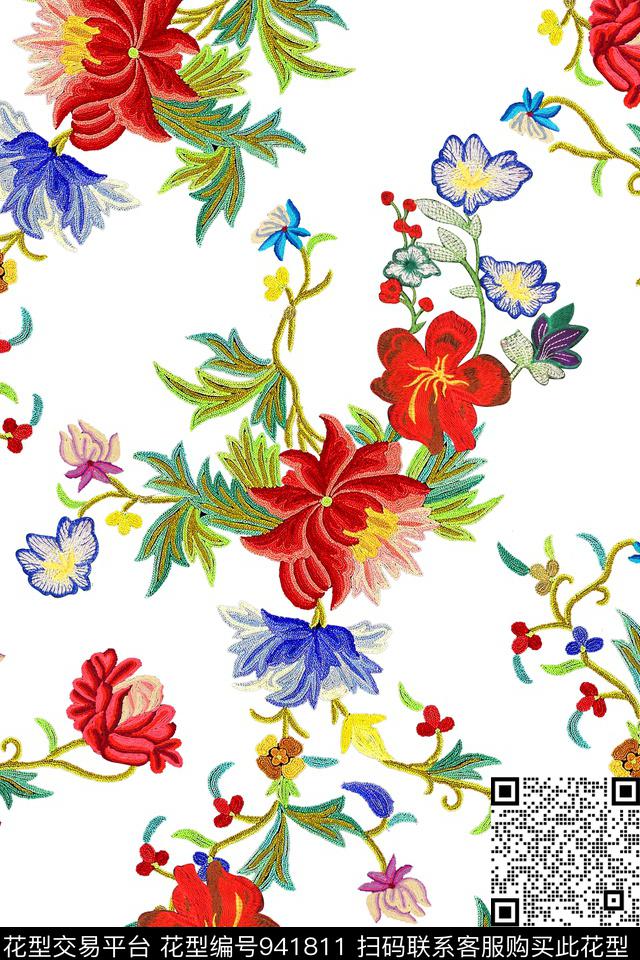 绣花华亿平台花卉大牌风数码印花华亿平台下载（图片编号: 941811） - 瓦栏（Walan）