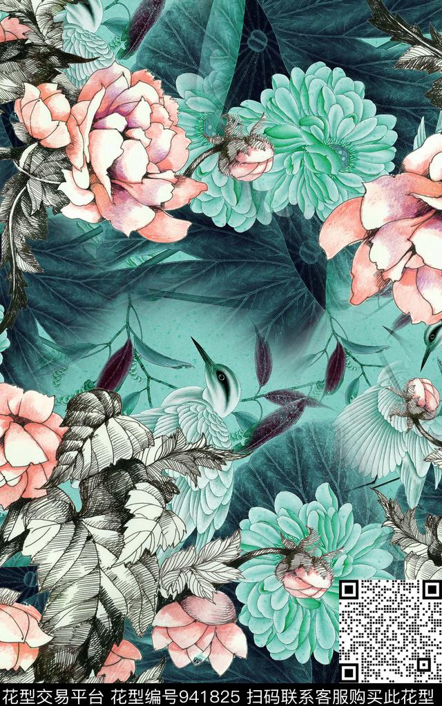 中国风水墨风花卉数码印花华亿平台下载（图片编号: 941825） - 瓦栏（Walan）
