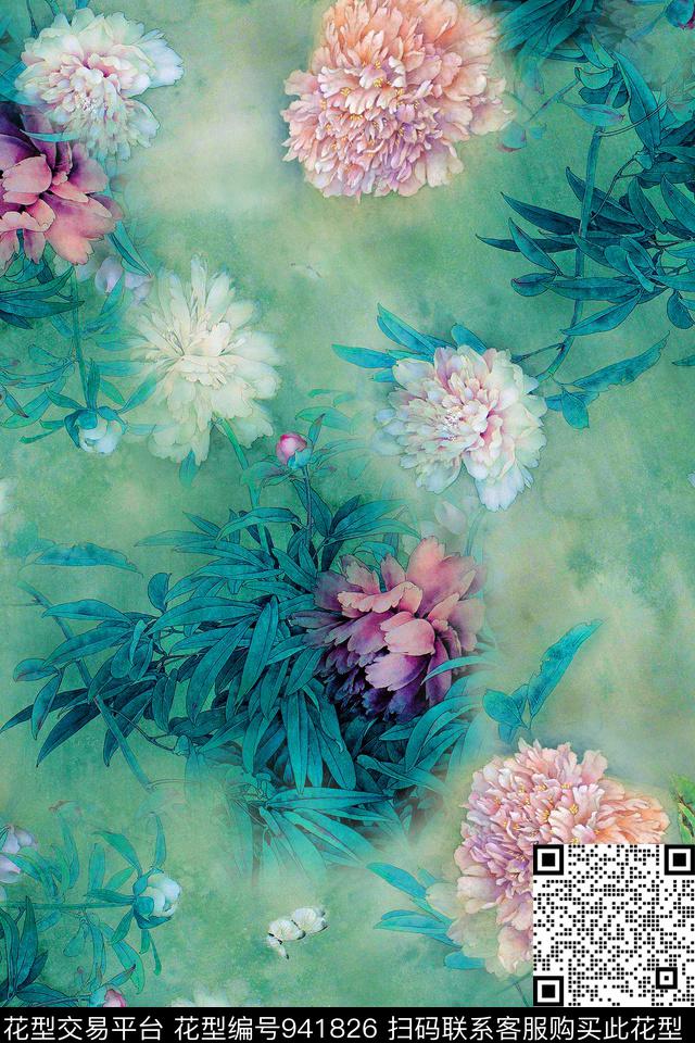 牡丹花卉中国风数码印花华亿平台下载（图片编号: 941826） - 瓦栏（Walan）