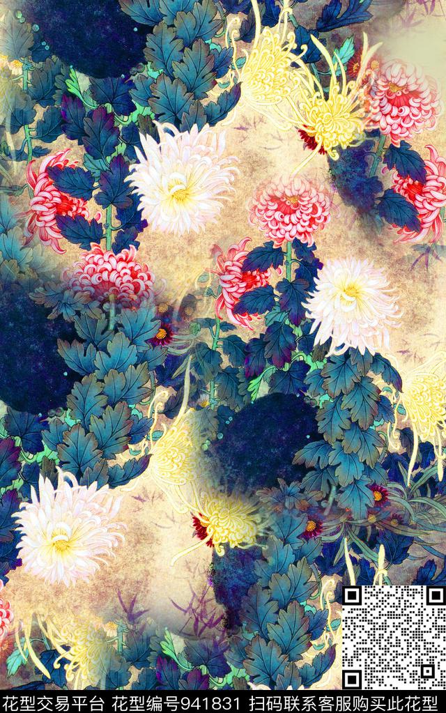 中国风水墨风花卉数码印花华亿平台下载（图片编号: 941831） - 瓦栏（Walan）