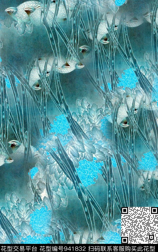 中国风水墨风花卉数码印花华亿平台下载（图片编号: 941832） - 瓦栏（Walan）