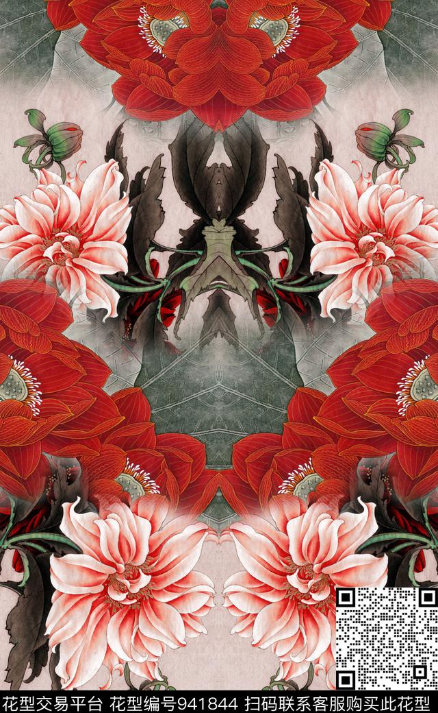 中国风水墨风定位花数码印花华亿平台下载（图片编号: 941844） - 瓦栏（Walan）