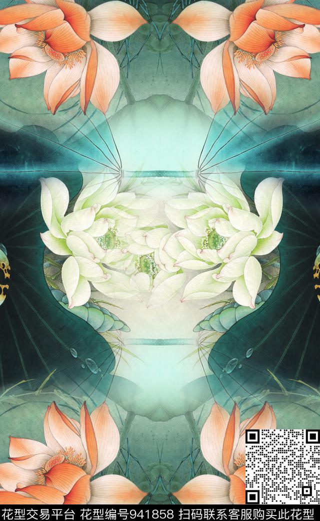 中国风水墨风定位花数码印花华亿平台下载（图片编号: 941858） - 瓦栏（Walan）