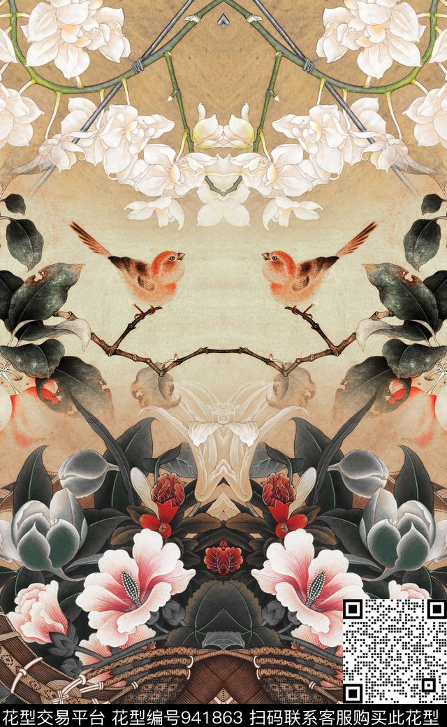 中国风水墨风定位花数码印花华亿平台下载（图片编号: 941863） - 瓦栏（Walan）