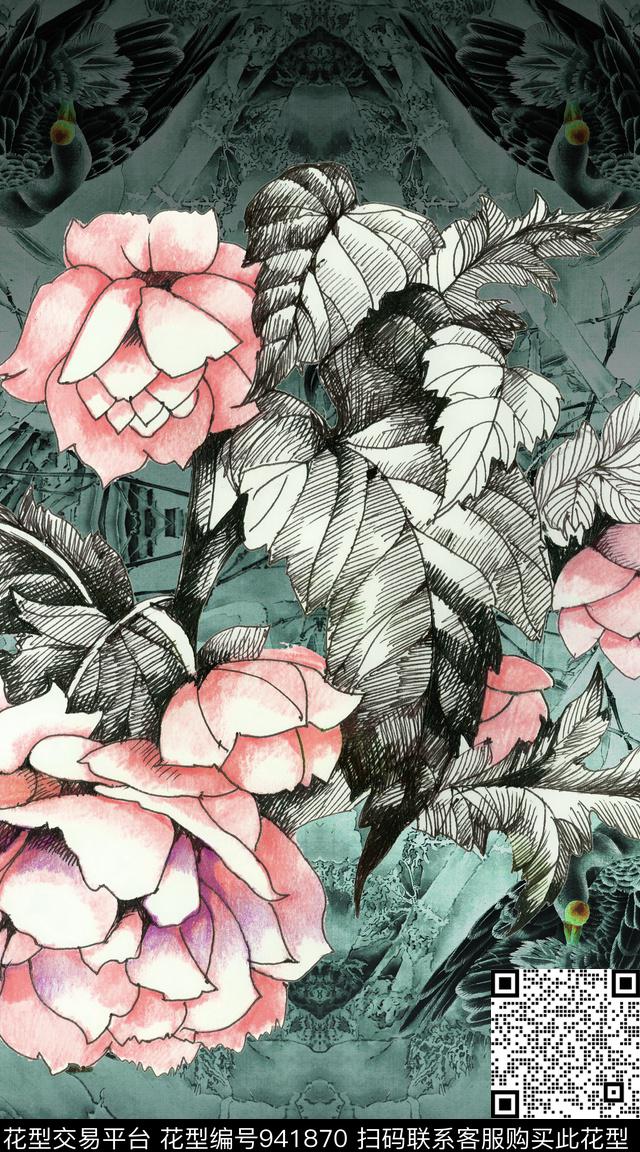 中国风水墨风定位花数码印花华亿平台下载（图片编号: 941870） - 瓦栏（Walan）