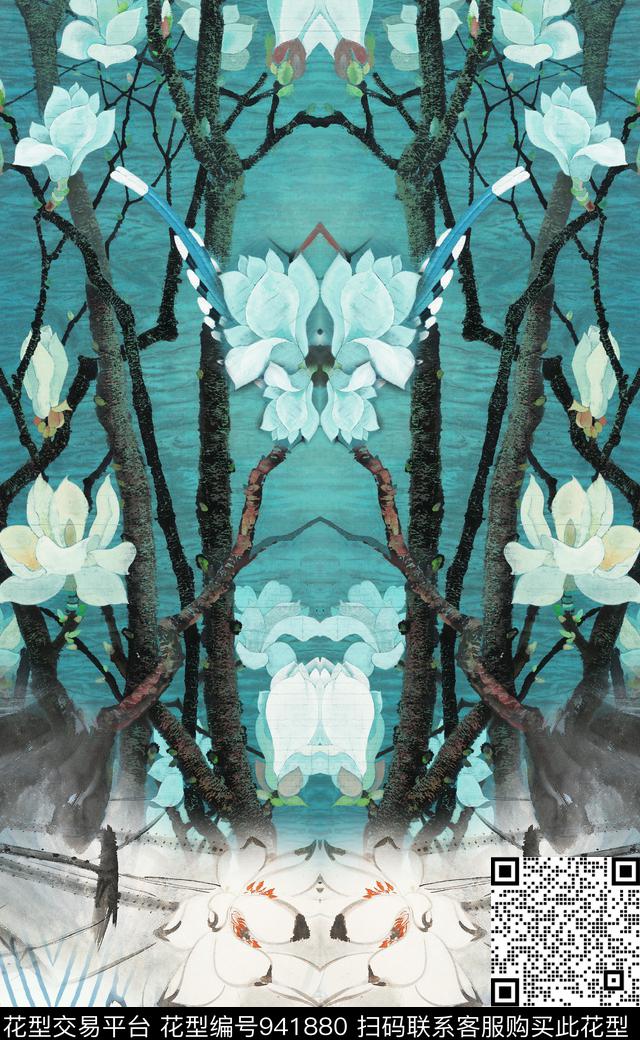 中国风水墨风定位花数码印花华亿平台下载（图片编号: 941880） - 瓦栏（Walan）