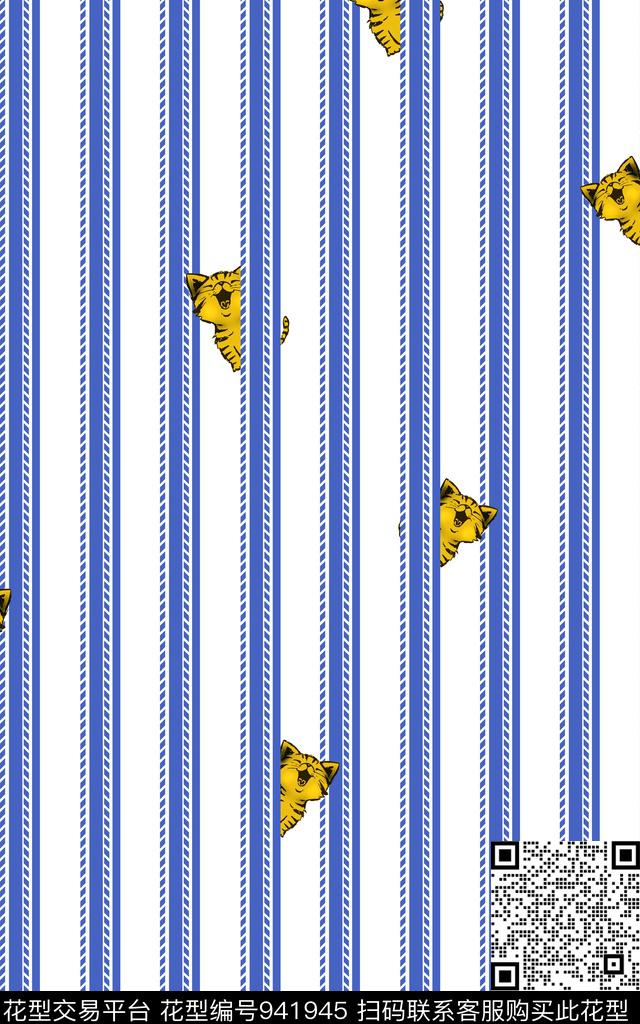 条纹趣味猫传统印花华亿平台下载（图片编号: 941945） - 瓦栏（Walan）