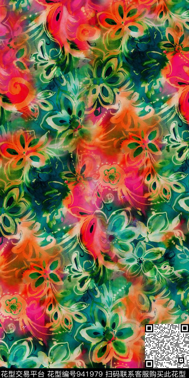 手绘花卉抽象复古数码印花华亿平台下载（图片编号: 941979） - 瓦栏（Walan）