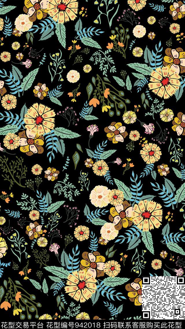 黑底花卉植物数码华亿平台数码印花华亿平台下载（图片编号: 942018） - 瓦栏（Walan）