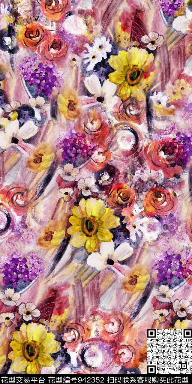 手绘花卉水墨风绿植树叶数码印花华亿平台下载（图片编号: 942352） - 瓦栏（Walan）