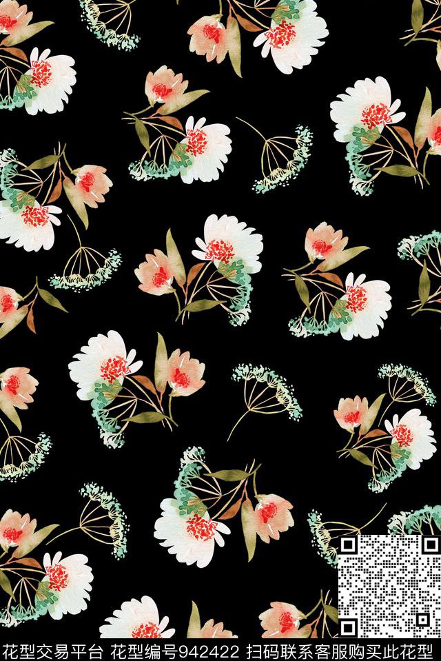 黑底花卉植物小碎花传统印花华亿平台下载（图片编号: 942422） - 瓦栏（Walan）