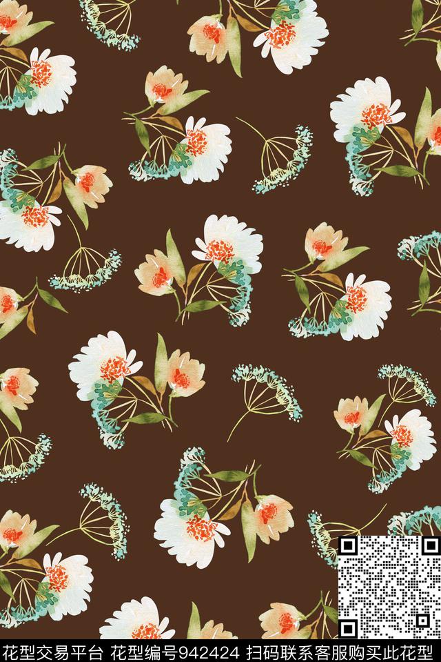 黑底花卉植物可爱传统印花华亿平台下载（图片编号: 942424） - 瓦栏（Walan）