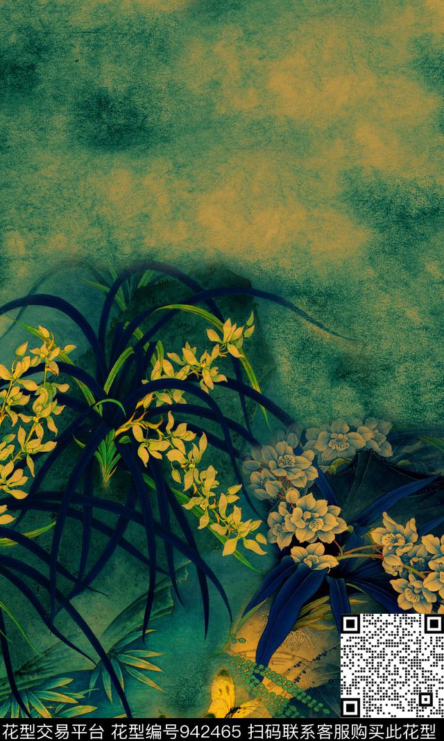香云纱定位花兰花数码印花华亿平台下载（图片编号: 942465） - 瓦栏（Walan）