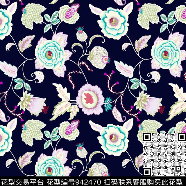 线条花卉民族风秋冬华亿平台数码印花华亿平台下载（图片编号: 942470） - 瓦栏（Walan）