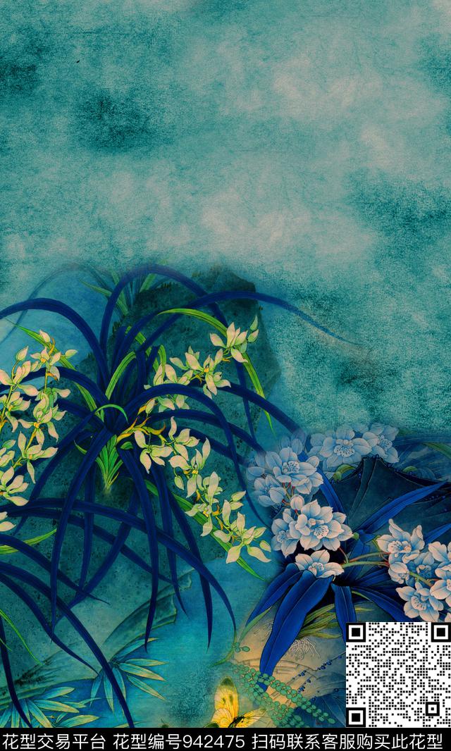 香云纱定位花兰花数码印花华亿平台下载（图片编号: 942475） - 瓦栏（Walan）