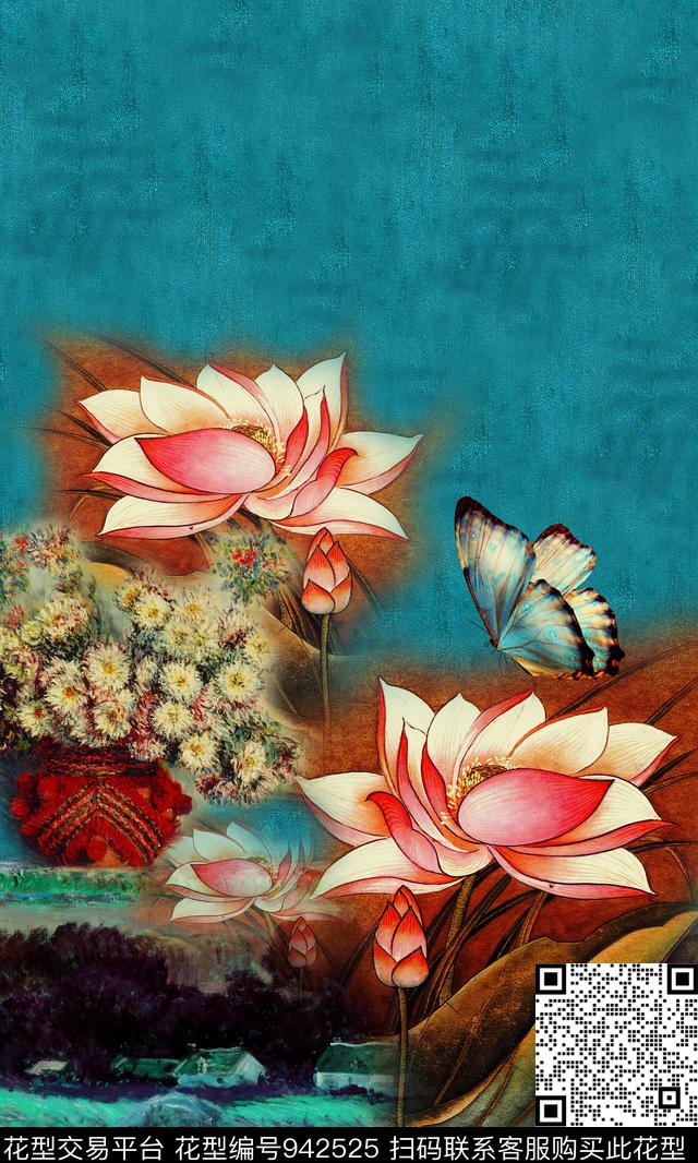 花卉荷花蝴蝶数码印花华亿平台下载（图片编号: 942525） - 瓦栏（Walan）