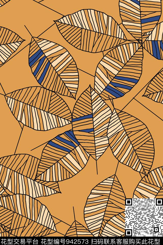 线条几何绿植树叶数码印花华亿平台下载（图片编号: 942573） - 瓦栏（Walan）