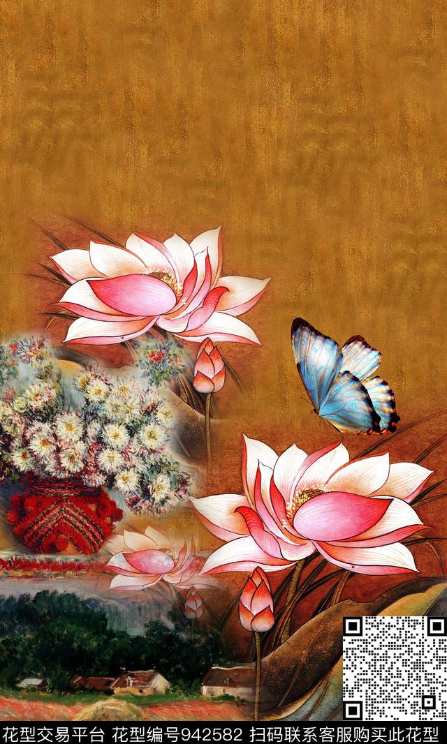 花卉荷花蝴蝶数码印花华亿平台下载（图片编号: 942582） - 瓦栏（Walan）